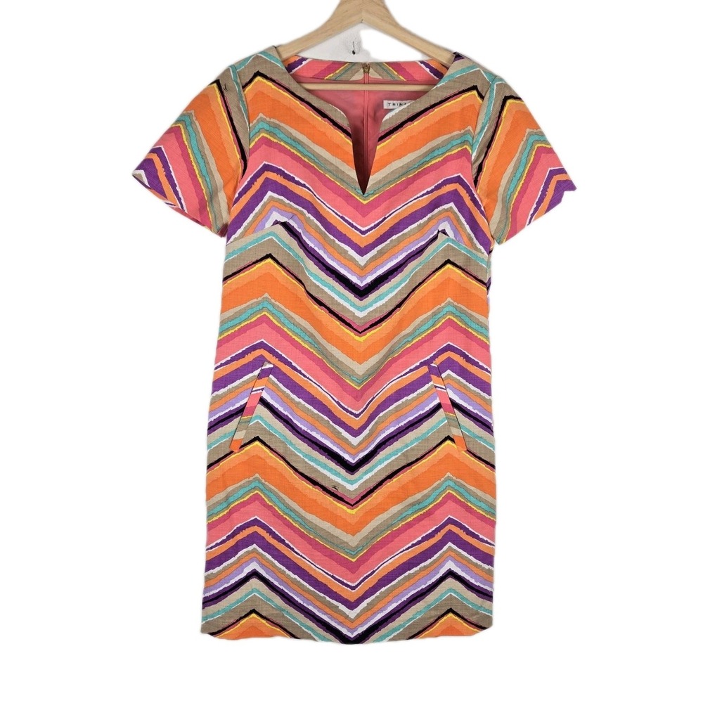 Trina‎ Turk Aviva Shift Dress Size 8 Orange Multicolor Chevron Wedding Office
